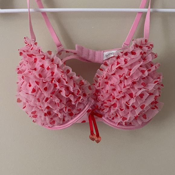 La SENZA Lingerie Bra Fitted Pink Red Hearts Ruffle Occasion Cute Size 32C - Picture 10 of 16
